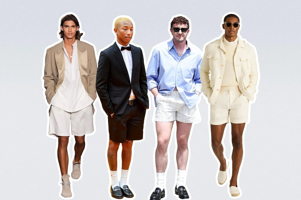 Từ trái qua: Quần short trên sàn diễn Todd Snyder Xuân 2025; trên Pharell Williams và Paul Mescal; và trong bộ sưu tập Ralph Lauren Purple Label Xuân 2025. Minh họa: 731. Hình ảnh: Các thương hiệu (2), Getty (2)
